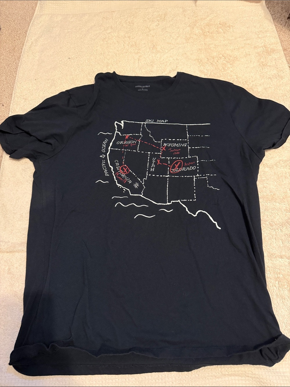 Banana Republic Black Short Sleeve Tee with White and Red Ski Map Graphic - Picture 1 of 6